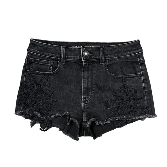 American Eagle Hi-Rise Shortie Size 8 US Black Jean Shorts Super Super Stretch X - Picture 1 of 14